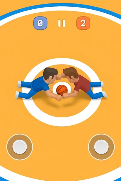 Two men playing basketball with a ball.